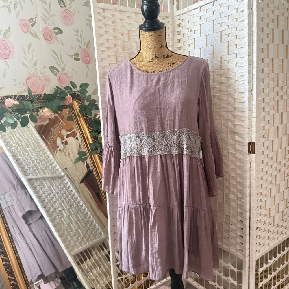 Bohemian Dusky Purple Lace Trim Dress